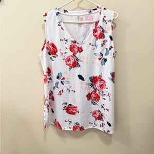 Floral White Blouse Sz XL NWOT Roses Pink Floral Top Sleeveless Shirt